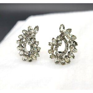 Vintage Rhinestone Earrings Silver Tone Swirl Clip-on Costume Jewelry PR180